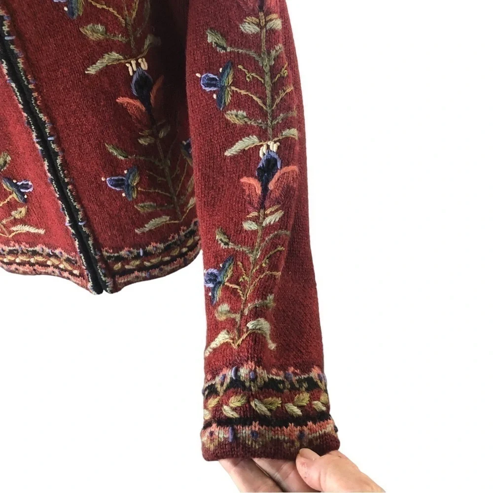 Icelandic Design Wool Zip Cardigan Women L Red and Embroidery Accents - Picture 3 of 11